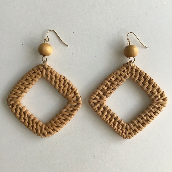 NEW Forever 21 Woven Rattan Earrings Wood Bead Light Triangle Dangle French Wire - Picture 4 of 14